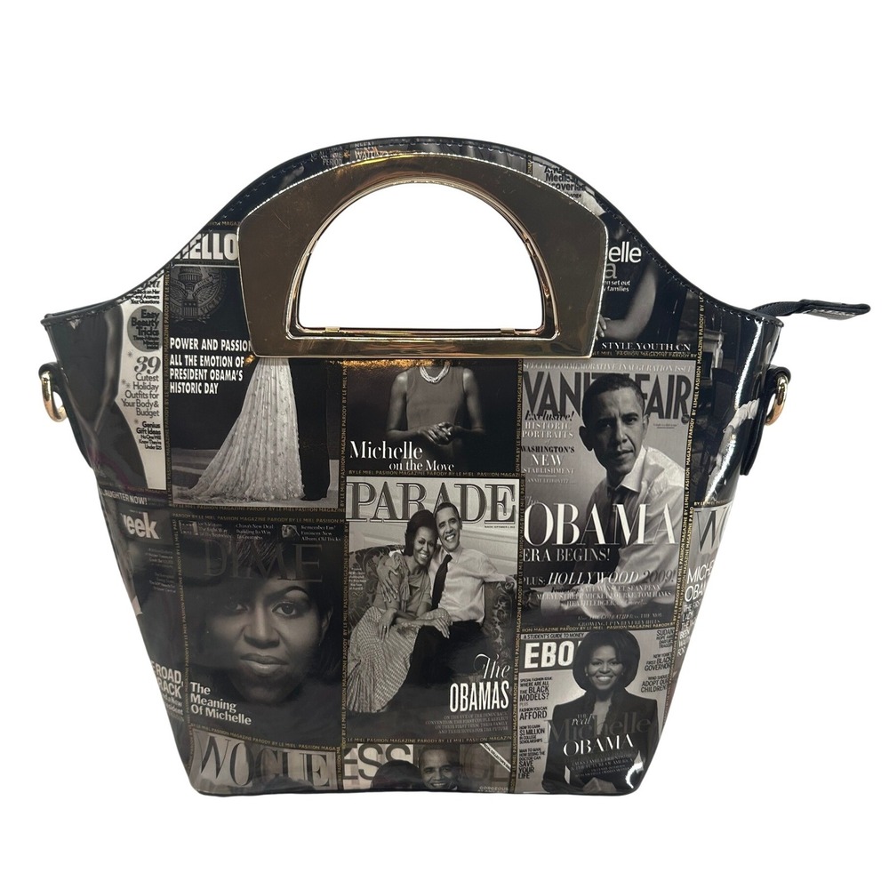 Le Miel Obama Magazine Print Satchel Bag Black White Gold Metal Handle Handbag